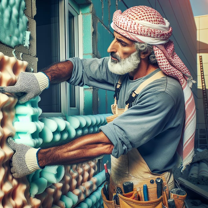 Experienced Middle Eastern Builder Crafting Exterior with Foam | Architectural Photography Style