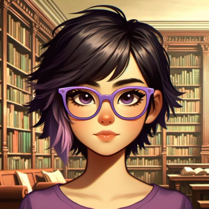 Hispanic Girl with Short Black Hair in Library - Classic Children's Book Style