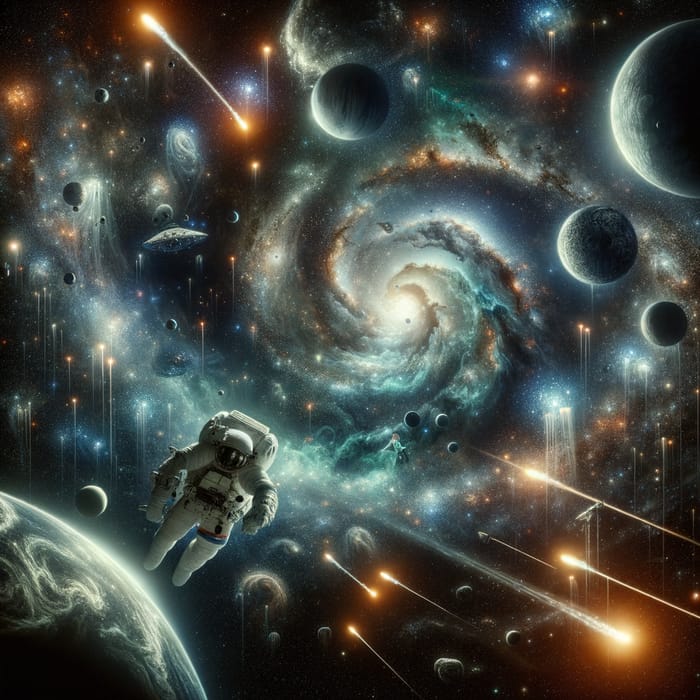 Stunning Ethereal Space Scene: Celestial Bodies, Galaxies, and Astronaut