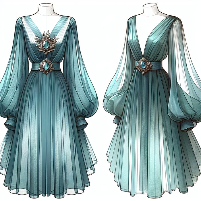 Elegant Blue-Green Chiffon Dress with Long Sleeves & Chic Accessory