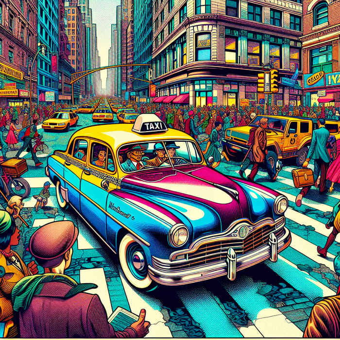 Vintage Taxi Cab in Vibrant Comic Book Style Urban Scene Captured in Wide-Angle Lens
