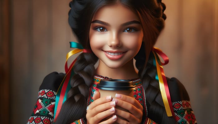 Charming Tatar Girl with Coffee in Traditional Attire
