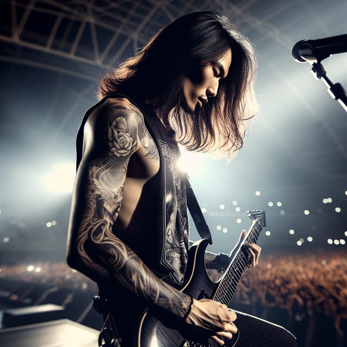 Asian Male Rockstar with Guitar, Tattoos, and Long Hair Spotlight Performance