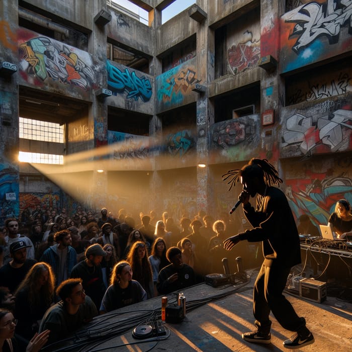 Urban Rap Concert: Vibrant Graffiti, Energetic Artist, Diverse Crowd