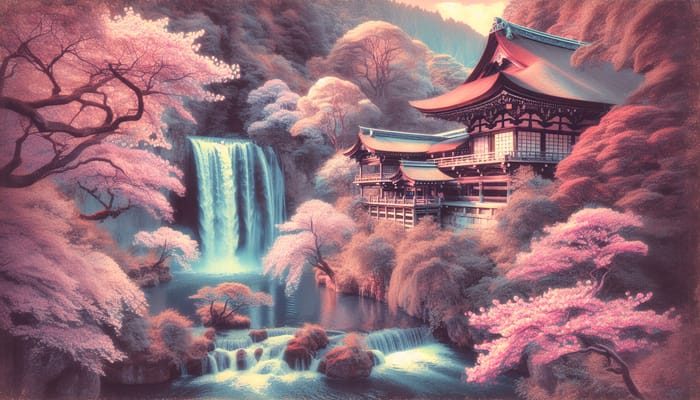 Serene Japanese Temple & Waterfall in Pastel Hues