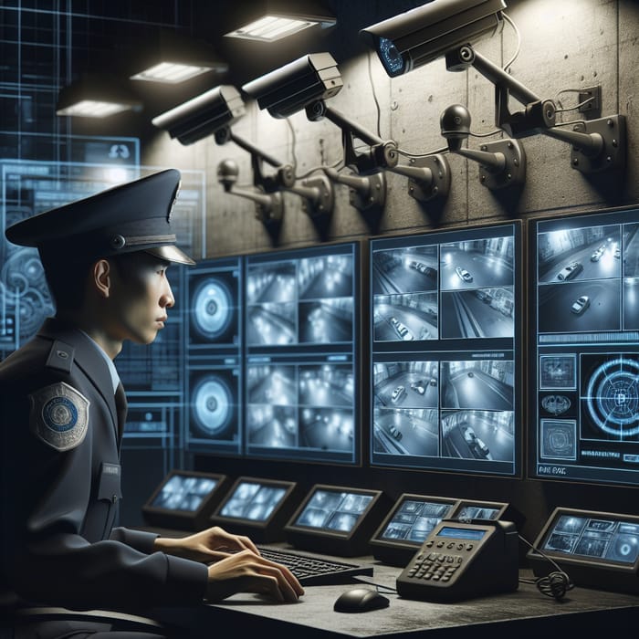 Detailed Modern Surveillance Scene with Asian Officer Monitoring High-Tech Security Camera