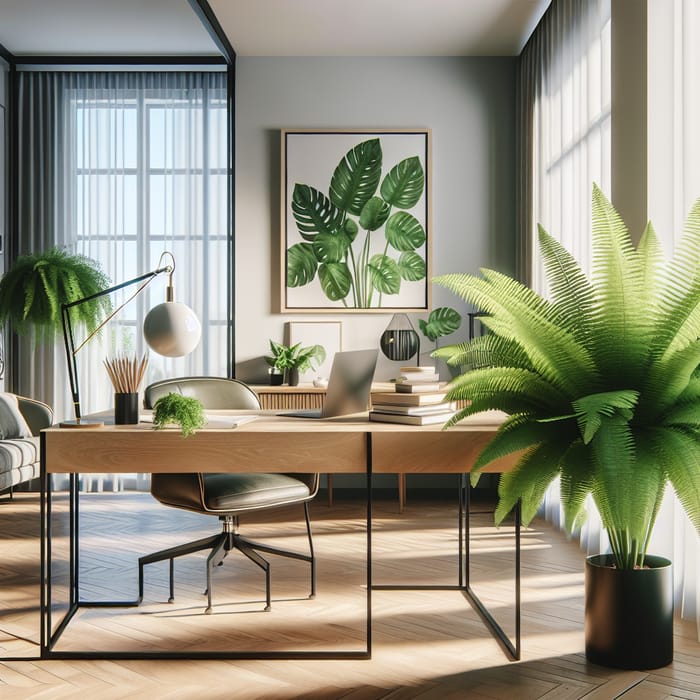 Contemporary Workspace with Modern Desk & Green Plant