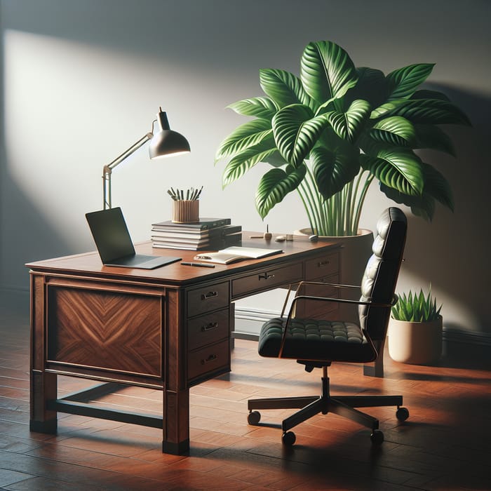 Professional Office Desk with Mahogany Wood | Plant Decor