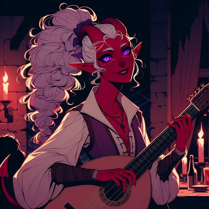 Mischievous Tiefling Rogue Performing with Lute in Tavern