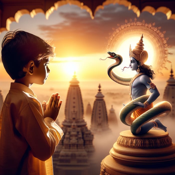 Divine Encounter: Hindu Boy Praying at Sunrise with Goddess Snake Blessing