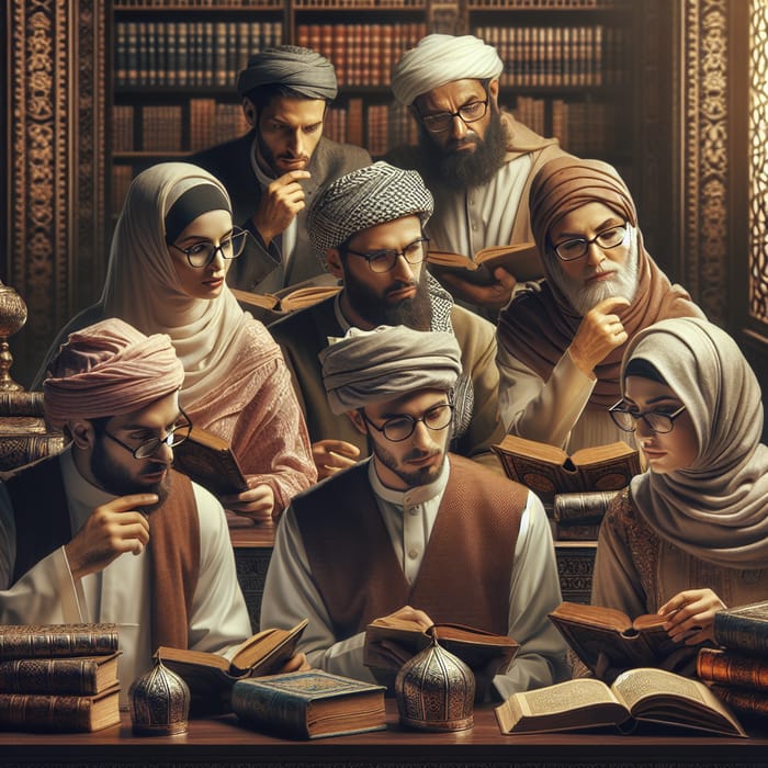 Diverse Muslim Scholars in Islamic Library - Insightful Discussion