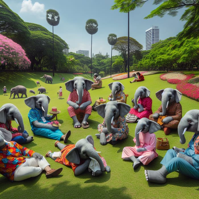 Whimsical Elephant-Headed People in Colorful Attire at Park