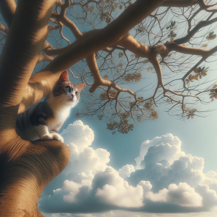 Curious Cat on Tree Branch | Sky & Fluffy Clouds View