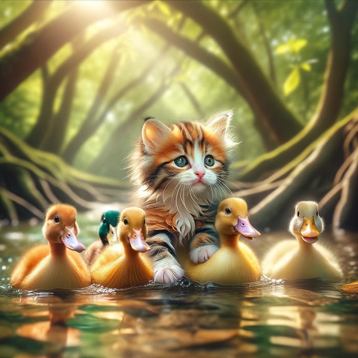 Cute Kitty Swimming with Friendly Ducks