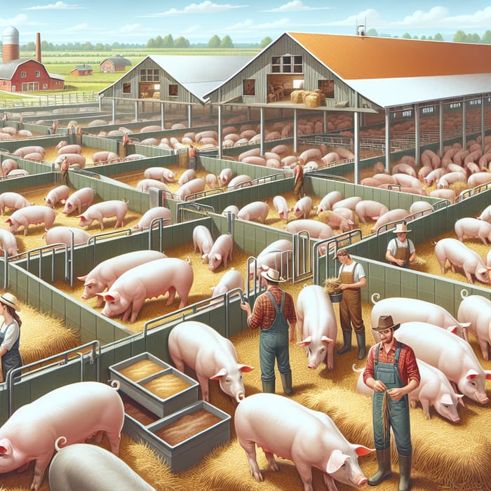 Expansive Pig Farm: Colorful Pigs & Farm Workers