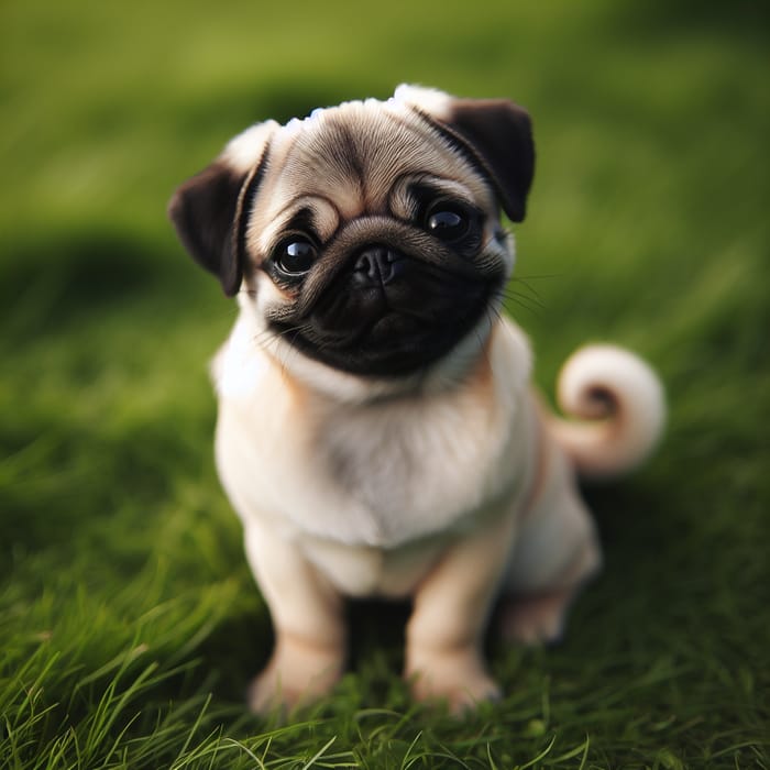 Adorable Fawn Pug Sitting on Green Grass