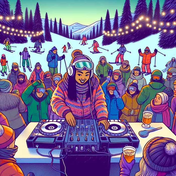 Atmospheric Après-Ski Party with Diverse Skiers and South Asian DJ