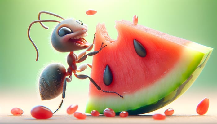 Whimsical Ant Illustration Nibbling Watermelon