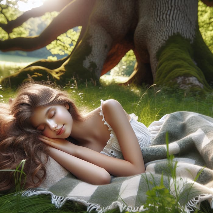 Tranquil Scene of a Beautiful Girl Sleeping Under a Majestic Oak Tree