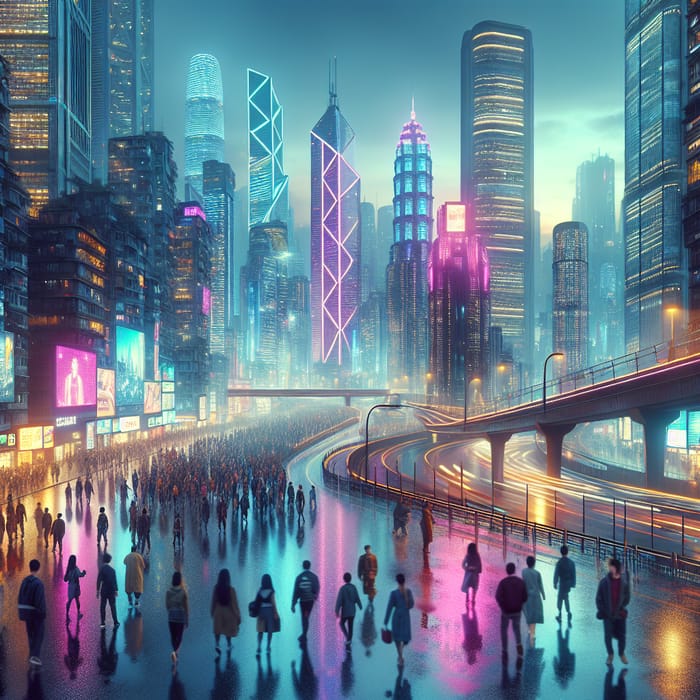 Vibrant Cyberpunk Cityscape at Dusk - Neon Lights & Urban Bustle