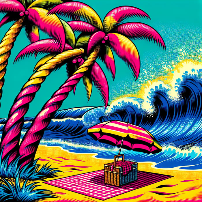 Pop Art Beach Scene with Whimsical Palm Trees