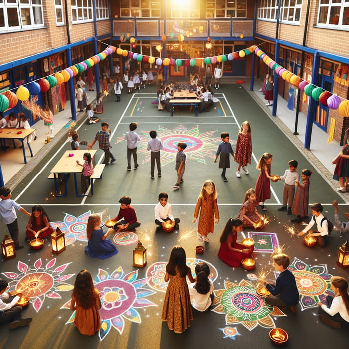 Diwali Celebration in School with Children Drawing Rangoli