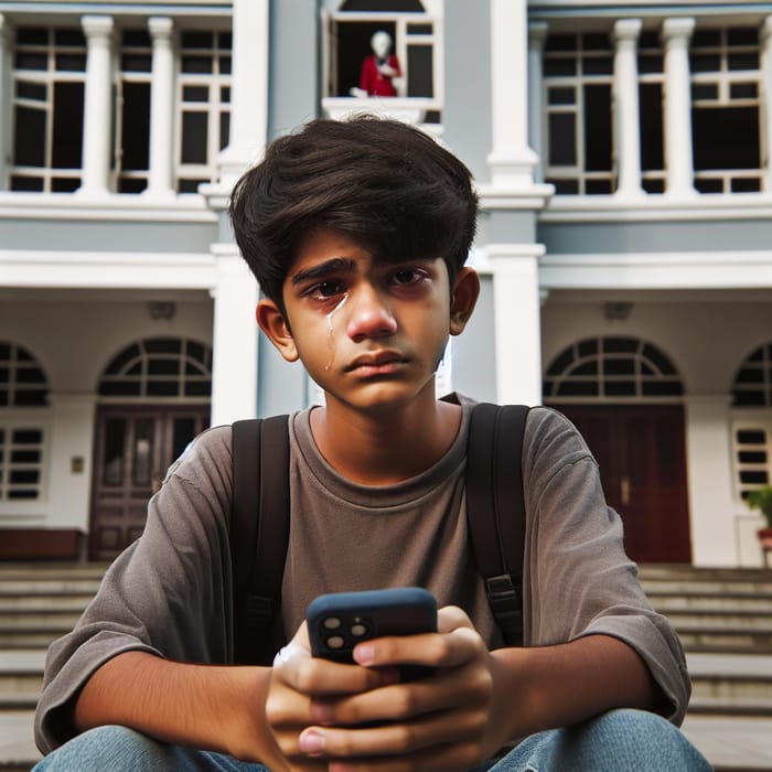 Boy Crying at School Steps | Emotive Scene with Phone