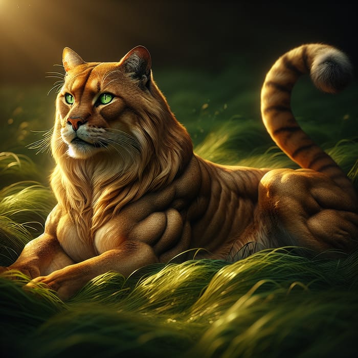 Majestic Large Cat in Lush Setting | Golden Fur & Emerald Eyes