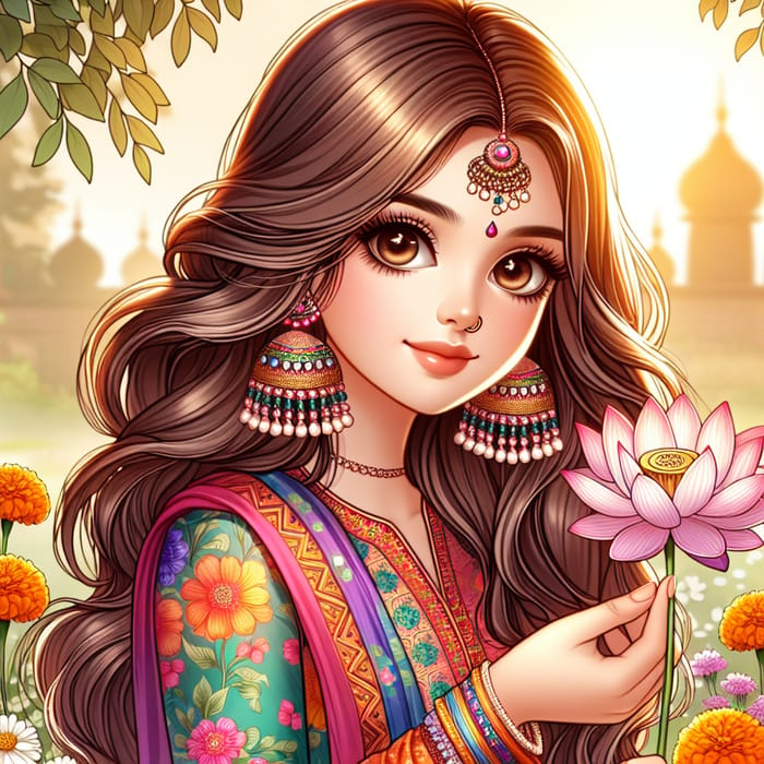 Beautiful Indian Girl with Lotus Flower