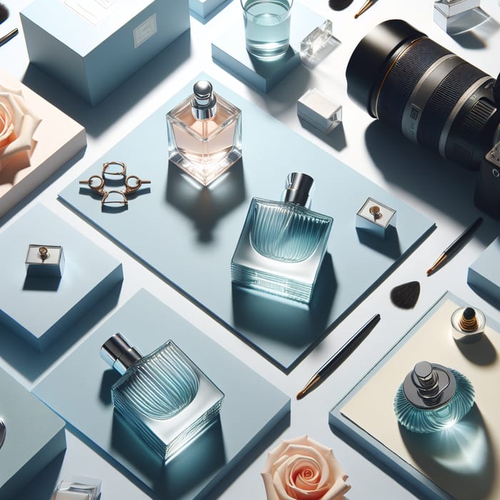 Blue-White Perfume Visuals: Rose & Mirror, Elegant Flatlay Compositions