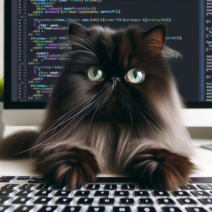 Sleek Black Persian Cat with Green Eyes Typing Code