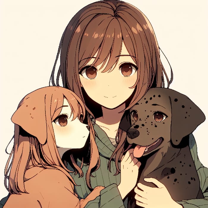 Pixar Style Image of Brown-Haired Girl Embracing Cafe and Black Dogs