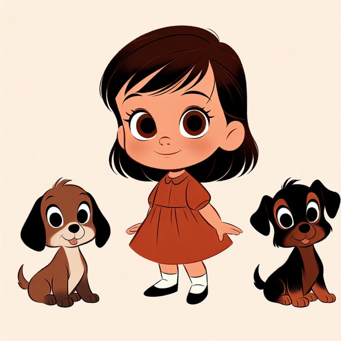 Vintage Style Pixar Image of Brunette Girl with Brown and Black Dogs