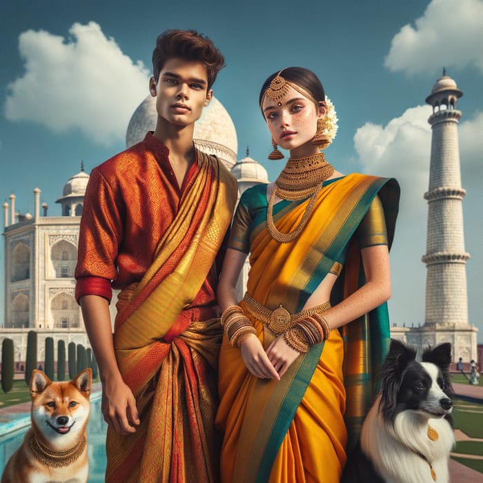 South Indian Boy and Girl in Traditional Attire at Majestic Taj Mahal