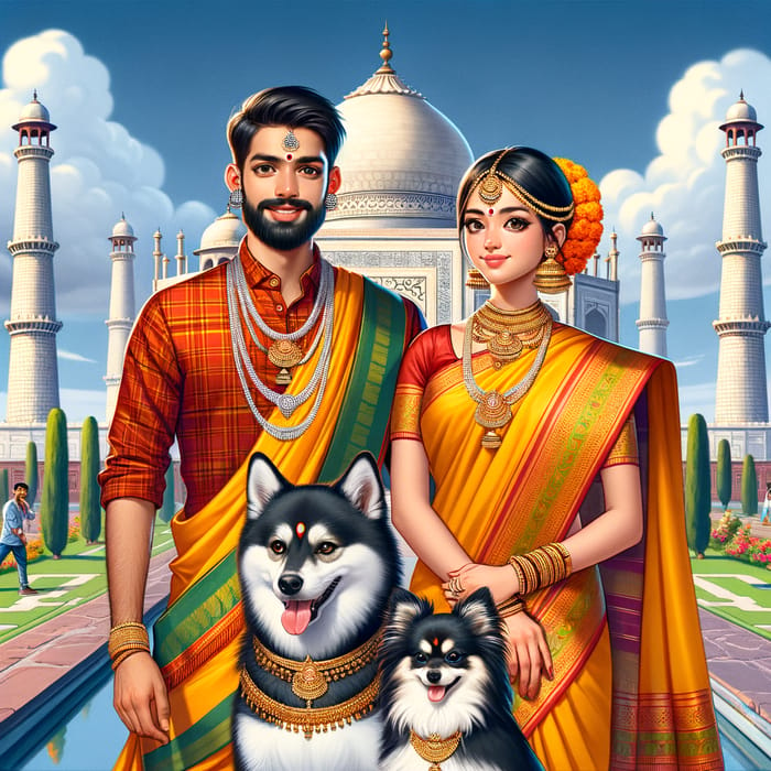 South Indian Boy & Girl in Traditional Attire at Taj Mahal with Dogs