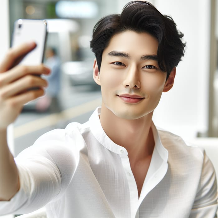 Handsome Korean Man Taking Selfie | Trendy White Shirt Look
