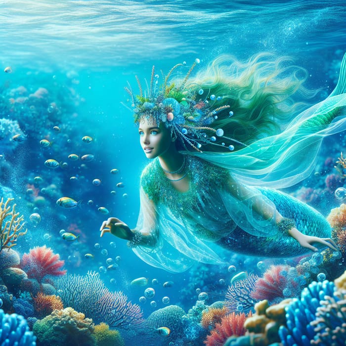 Elegant Mermaid with Sparkling Eyes - Serene Underwater Kingdom