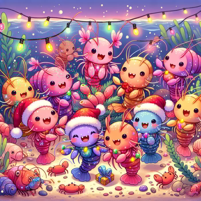 Cute Baby Shrimp Celebrating Christmas Underwater Cute Baby Shrimp Celebrating Christmas Underwater