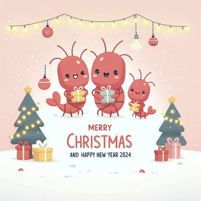 Merry Christmas & Happy New Year 2024 Card with Shrimp Family Holding Gift