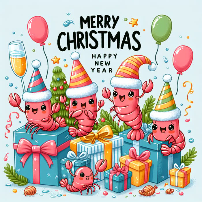 Shrimp Family Celebrating Christmas & New Year Card Design