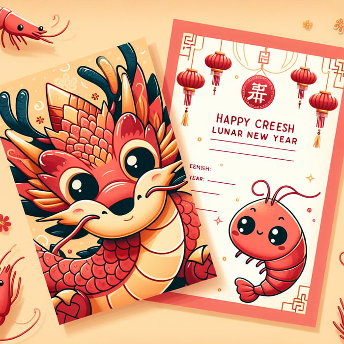 2024 English Lunar New Year Card with Shrimp and Dragon Greetings
