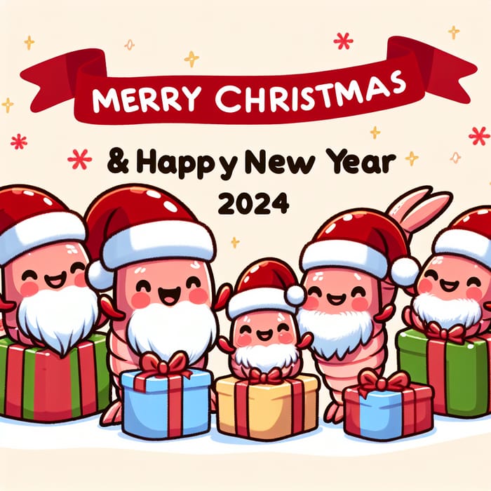 Merry Christmas & Happy New Year 2024 Card with Shrimp Family Gift