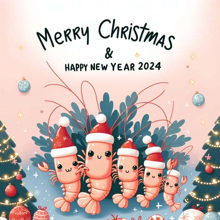 Merry Christmas & Happy New Year 2024 Card - Shrimp Family Celebration