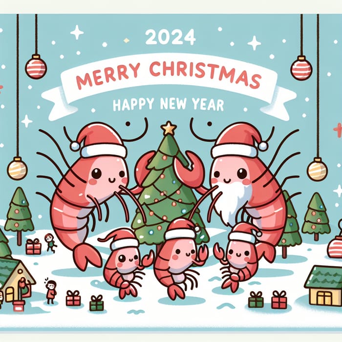 Merry Christmas & Happy New Year 2024 Shrimp Family Greeting Card