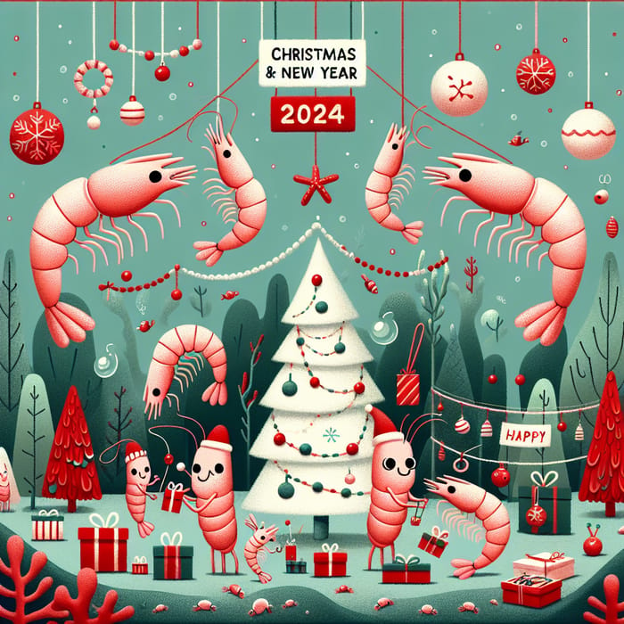 Adorable Shrimp Family Celebrating Christmas & New Year Card 2024