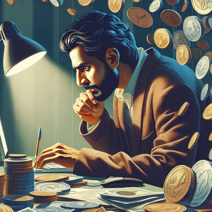 Focused Man Studying Online Surrounded by Money