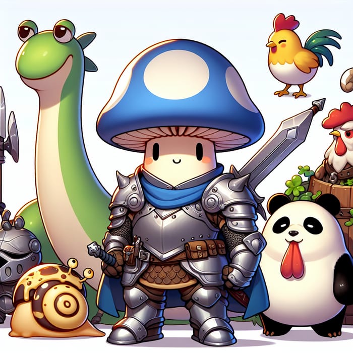 Whimsical Mushroom Swordsman & Fantasy Companions in Armor