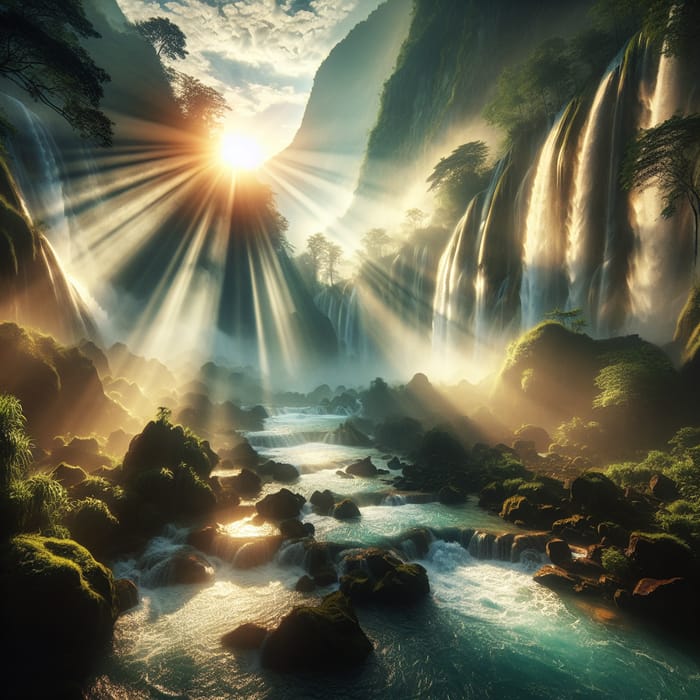 Majestic Natural Landscape with Sunrays, Waterfalls, and Mist