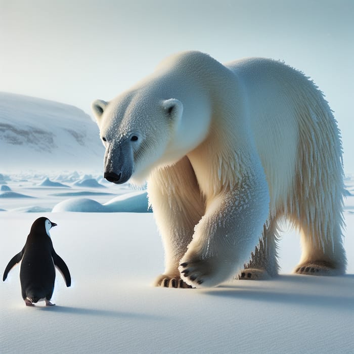 Majestic Polar Bear and Penguin Encounter in Arctic Snowscape