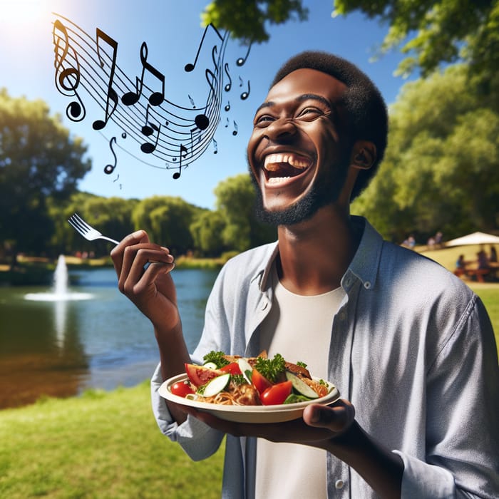 Happy Black Man Enjoying Park with Music, Food, and Laughter